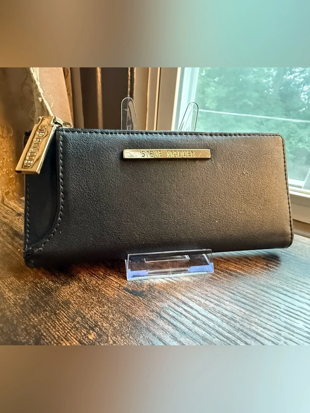Steve Madden Black Wallet with Gold Logo Plaque
